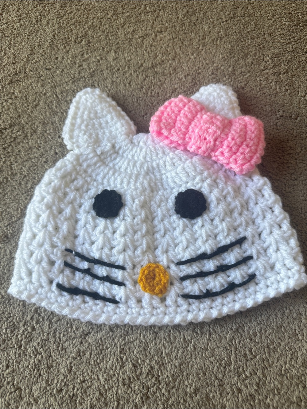 Handmade White Cat Beanie with Pink Bow